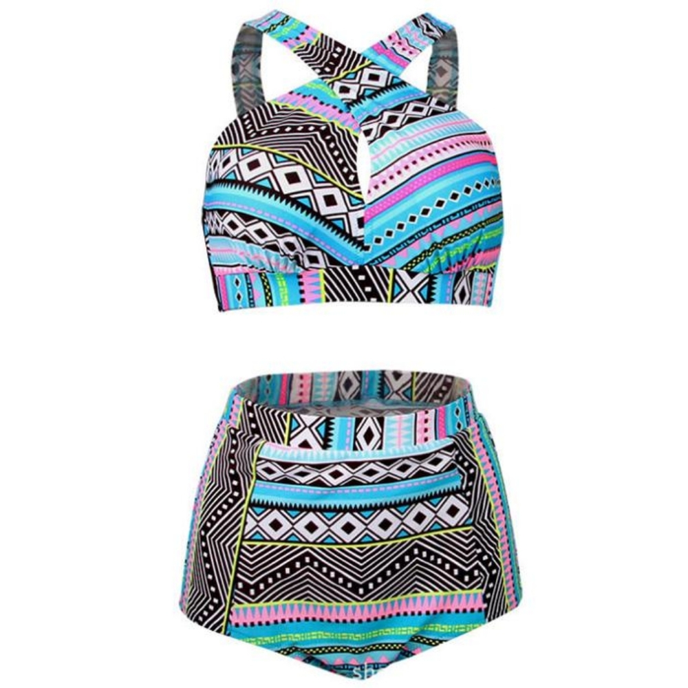 Multi color High waist plus size 2 pc swimsuit - Picture 2 of 3